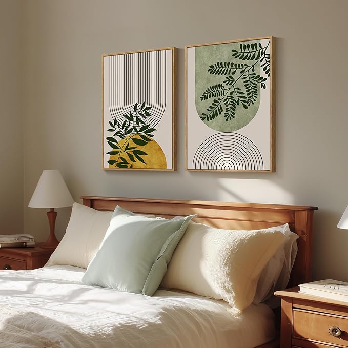 Large Framed Green Boho Wall Art for Living Room, Set of 2 Botanical Geometric Artwork for Walls, Bohemian Modern Neutral Canvas Painting Prints for Bedroom Office Kitchen Hallway Wall Decor, 24x36 In