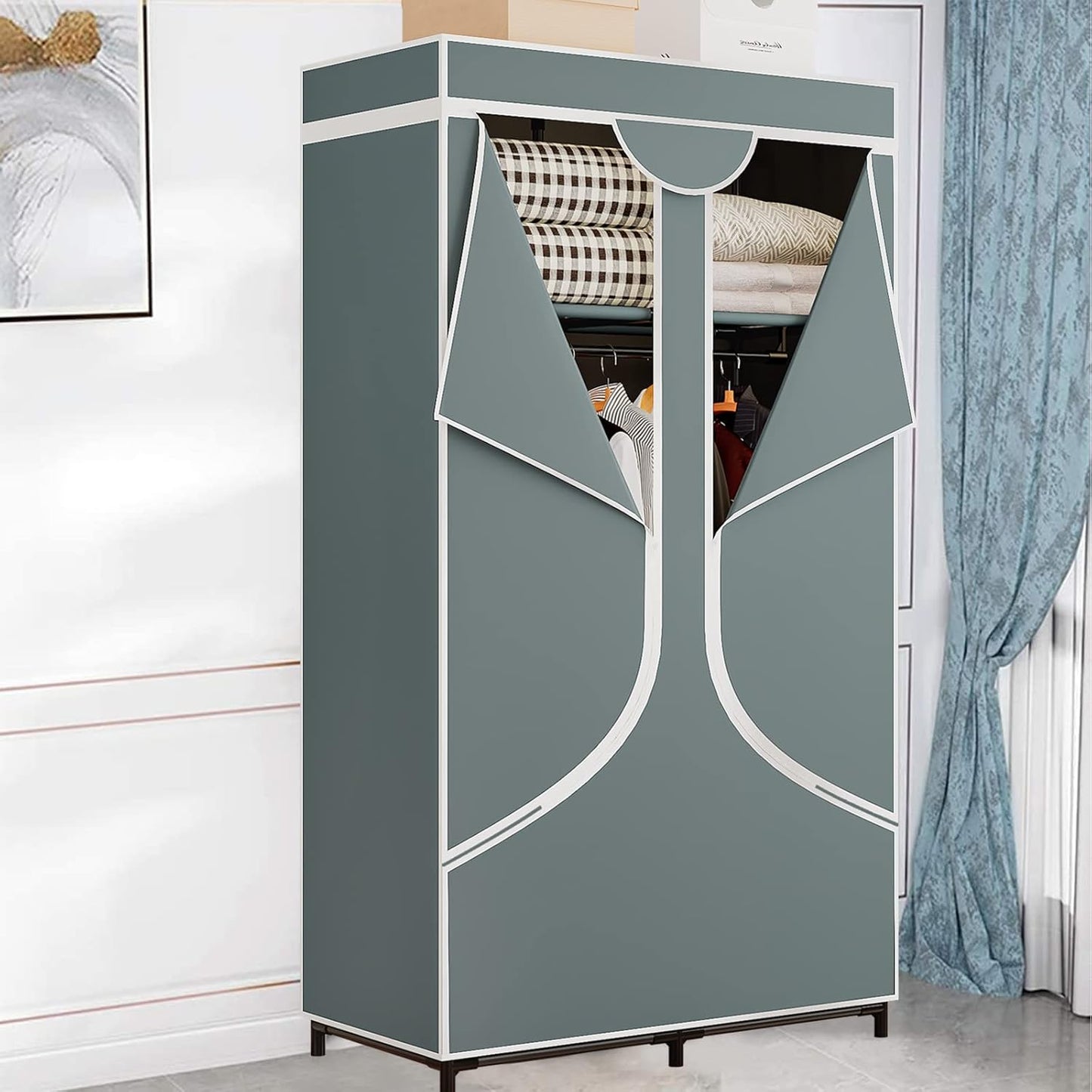 SORCEDAS Portable Wardrobe Closet Storage Organizer Metal Hanging Rack Non-Woven Fabric 34 Inch Grey