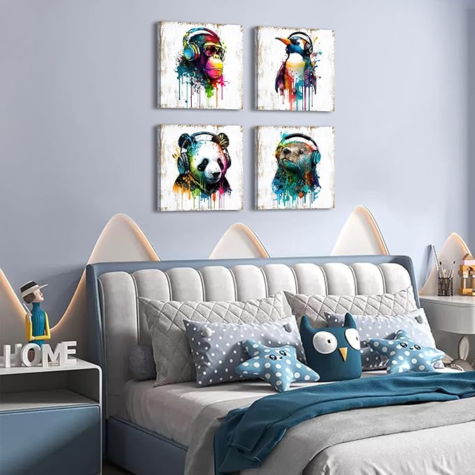 Animals Wall Art Baby Nursery Room Wall Decor Humor Panda Bear Canvas Pictures Kids Bedroom Artwork Colorful Funny Penguin Chimpanzee Posters Graffiti Artwork Living Room Home Decorations 20x20” 4 Pcs