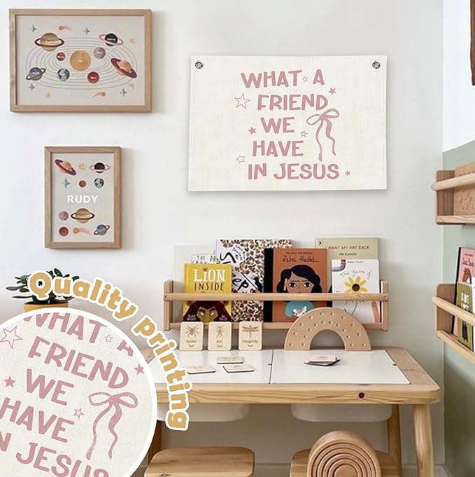 RTXLEZM What a Friend We Have Jesus Christian Decor, Coquette Pink Bow Bible Verses Canvas Banner Wall Hanging, Preppy Religious Wall Banner Decor for Girls Bedroom Room Dorm, 20x30 Inch