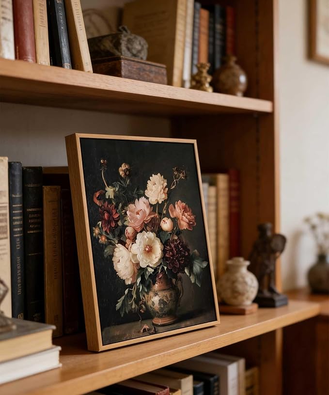 Framed Vintage Dark Floral Wall Art Moody Flower Picture Wall Decor Retro Antique Still Life Painting Print Artwork for Bedroom Bathroom Home Decoration 12x16in