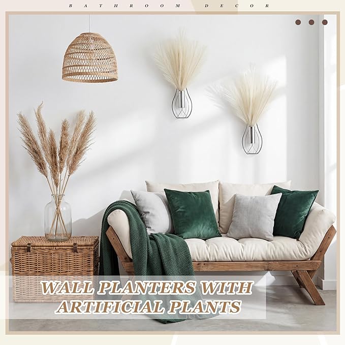Otoolling 2 Pieces Hanging Plant Wall Decor with Artificial Pampas Grass Metal Hanging Vase Modern Geometric Farmhouse Bohemian Wall Art for Living Room Bedroom Kitchen Office (Silver, Beige)