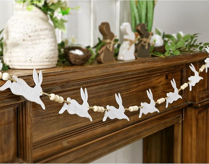 Easter Garland Decorations: Cute Bunny Easter Garland with Wood Beads, Rustic Easter Banner White Jumping Rabbit Easter Decor Indoor for Mantel Fireplace Home Office Wall Farmhouse School