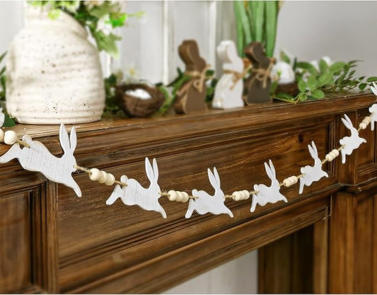 Easter Garland Decorations: Cute Bunny Easter Garland with Wood Beads, Rustic Easter Banner White Jumping Rabbit Easter Decor Indoor for Mantel Fireplace Home Office Wall Farmhouse School