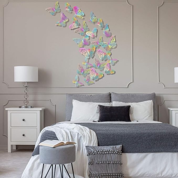Bememo 72 Pieces 3D Butterfly Wall Decals Sticker Decal Wall Decor Art Decorative Sticker 3 Sizes for Room Offices Bedroom Bathroom Living Room Decor(Holographic White)