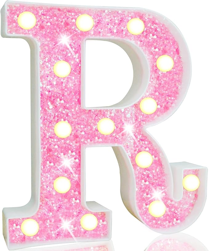 Pooqla LED Marquee Letter Lights, Pink Glitter Light Up Letters Alphabet Sign Battery Powered Night Light, Birthday Party Wedding Girls Gifts, Christmas Room Dorm Bedroom Decoration, Pink Letter R