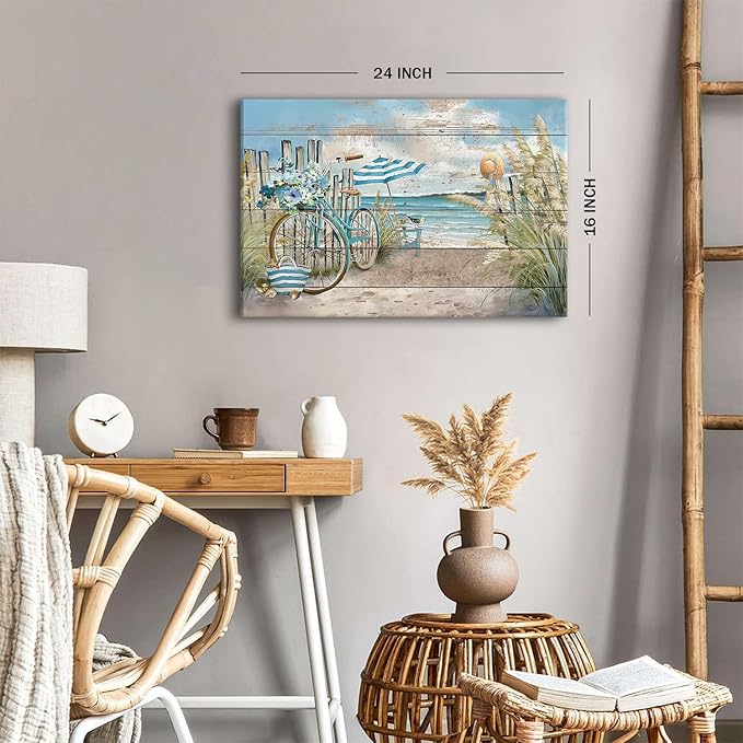 Coastal Canvas Wall Art Farmhouse Beach Seaside Wall Decor for Bathroom Bicycle Picture Rustic Ocean Seascape Poster Print Retro Country Coastline Painting Artwork Living Room Home Decoration 16x24
