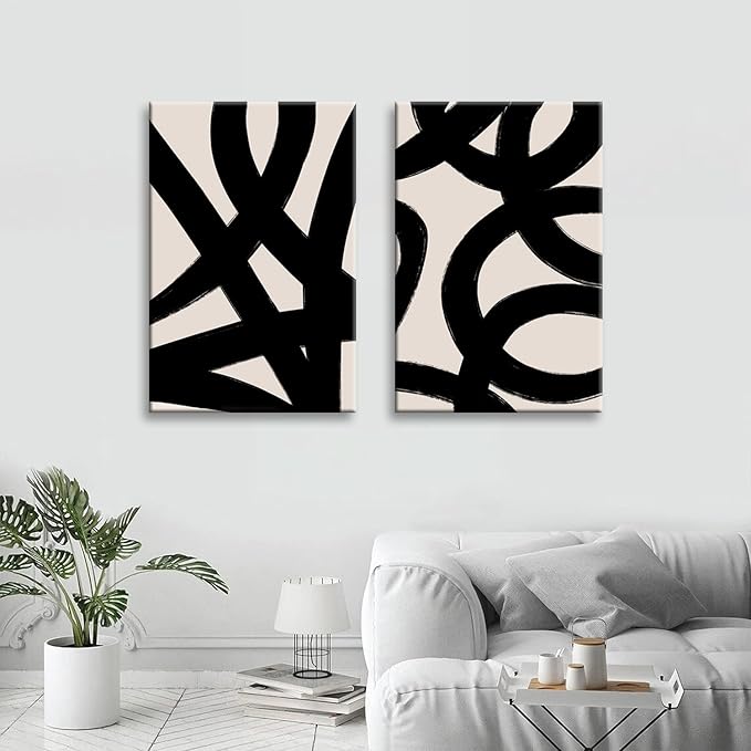 Framed Abstract Wall Art Canvas Set Lines Pictures Modern Mid Century Boho Wall Decor Minimalist Abstract Black Stroke Lines Canvas Painting Artwork Living Room Bedroom Home Office 12"x16"x2