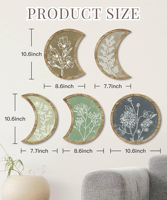 Putuo Decor Moon Phase Botanical Wall Art Set of 5, Crescent Wood Floral Panels for Bedroom Nursery Meditation Room