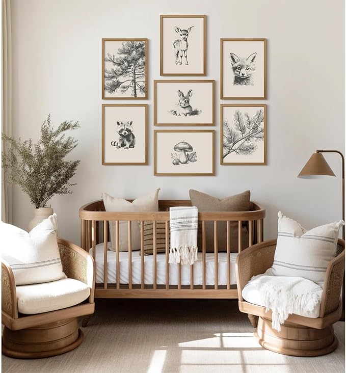 Nursery Wall Art Woodland Animal Canvas Wall Decor Baby Room Pictures Forest Animal Prints Kids Wall Art Pine Tree Poster Nature Vintage Artwork Deer Fox Painting for Bedroom 8x10x7 Inch Framed