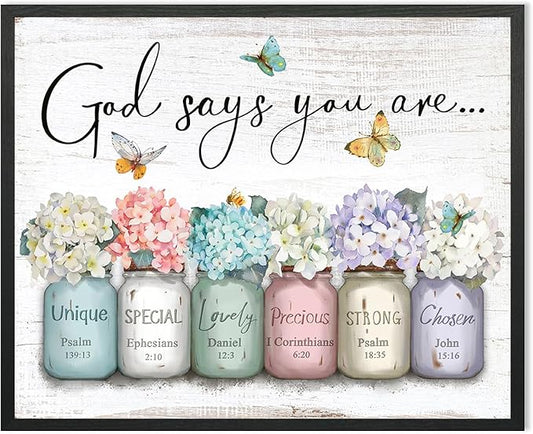 Inspirational Bible Verse Wall Art: God Says You Are Wall Decor Framed Christian Painting 24" x 30",Hydrangea Flower in Mason Jar Prints Hanging Posters Religious Bedroom Decor for Women Girls