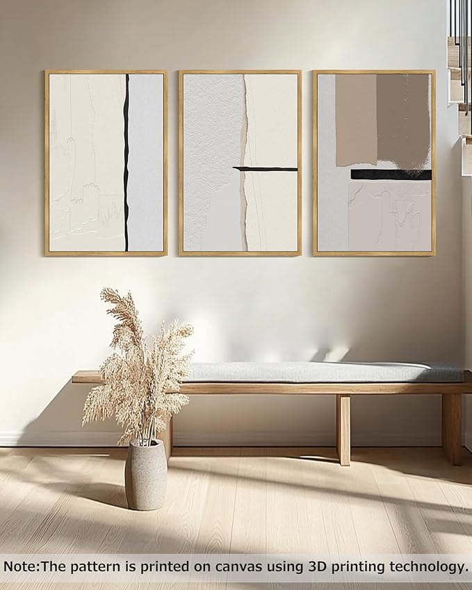 Drsoum Morden Abstract Wall Art Framed Neutral Beige Mid Century Textured Prints Minimalist Artwork Hallway Bedroom Ready to Hang 24x36in Natural Framed