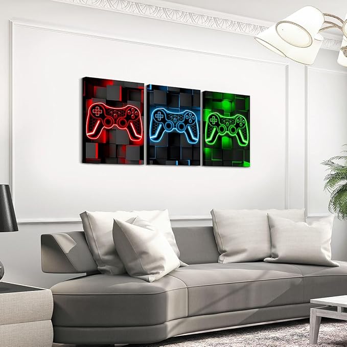 Feelyou Gamer Canvas Wall Art for Living Room 12"x16" 3 Piece Red and Black Picture Wall Decor Green Gaming Ombre Office Wall Decorations Artwork Posters Blue Geometric Square Wall Painting