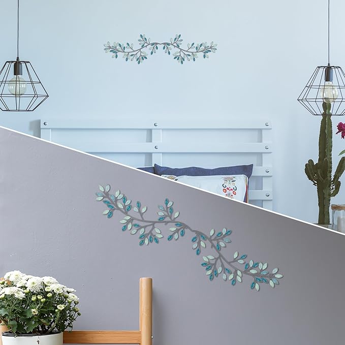 Hotop 2 Pieces Metal Tree Leaf Wall Decor Vine Olive Branch Leaf Wall Art Wrought Iron Scroll Sculptures Above the Bed, Living Room, Outdoor Decoration(Classic Style,Teal)