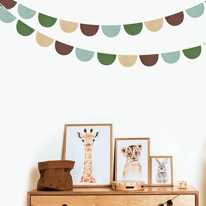 2 Sets of Green Brown Beige Half Round Banner 24Pcs Flags Nursery Garland Fabric Semicircle Streamers for Kids Jungle Safari Woodland Camping Birthday Baby Shower Party Decorations Baby Room Decor