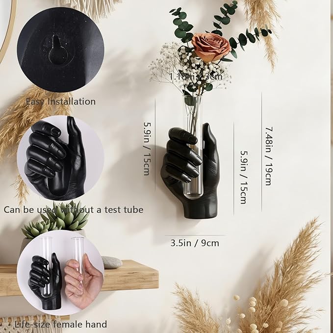 Wall Hand Vase,Vintage Art Decor,Life-Size Hand Sculpture with Glass Test Tube Vase,Unique Wall Art Statue for Indoor or Outdoor,Maximalist Boho Whimsical Decor, for Women (Black)