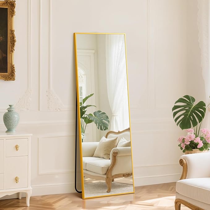 DUMOS Full Length Mirror with Stand 15"x56" Floor Standing Aluminum Frame for Bedroom Body Hanging Leaning Modern Simple Home Decor Shatter-proorf Nano Glass Wall Living Room Cloakroom, Gold