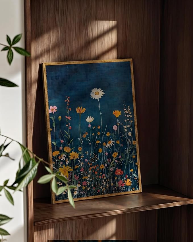 WHASAYART Botanical Floral Canvas Print 12x16 Framed Wildflower Wall Art, Rustic Dark Blue Colorful Flower Artwork, Vibrant Vintage Painting Living Room Kitchen Bedroom Hallway Home Decor