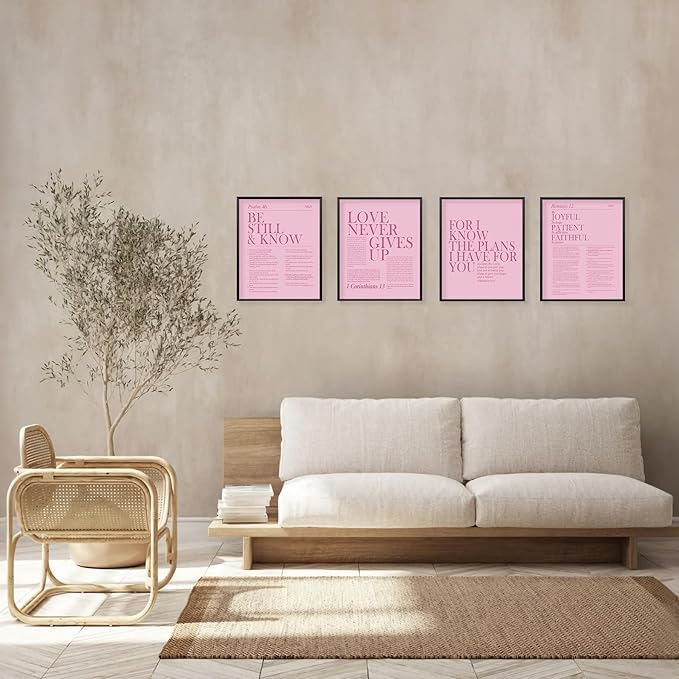 Locomiss Pink Christian Wall Art Decor, Modern Bible Verse Prints, Minimalist Jesus Scripture Wall Decor, Pink Inspirational Bible Posters for Bedroom Office Living Room, Set of 4 (8x10 Unframed)
