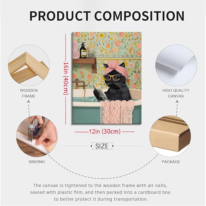 Yaneiro Funny Black Cat Bathroom Canvas Bathroom Wall Art Framed Cute Cat Prints Pictures Posters Wall Decor for Living Room Bedroom Toilet Kids Room Wall Paintings 12x16 in