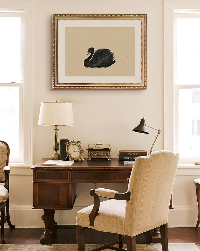 VIYYIEA Gold Framed Black Swan Vintage Canvas Wall Art, Elegant Wildlife Decor for Living Room or Office | Lightweight No Glass Design, Zero-Glare Textured Finish | 16x20 Inch