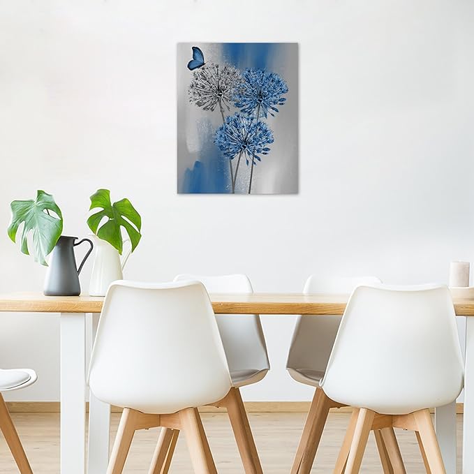 LB Blue Dandelion Wall Art Blue Grey Dandelion with Butterfly Canvas Wall Art Modern Abstract Wall Art Decor for Living Room Bedroom Bathroom Office Framed Ready to Hang 16L x 12W