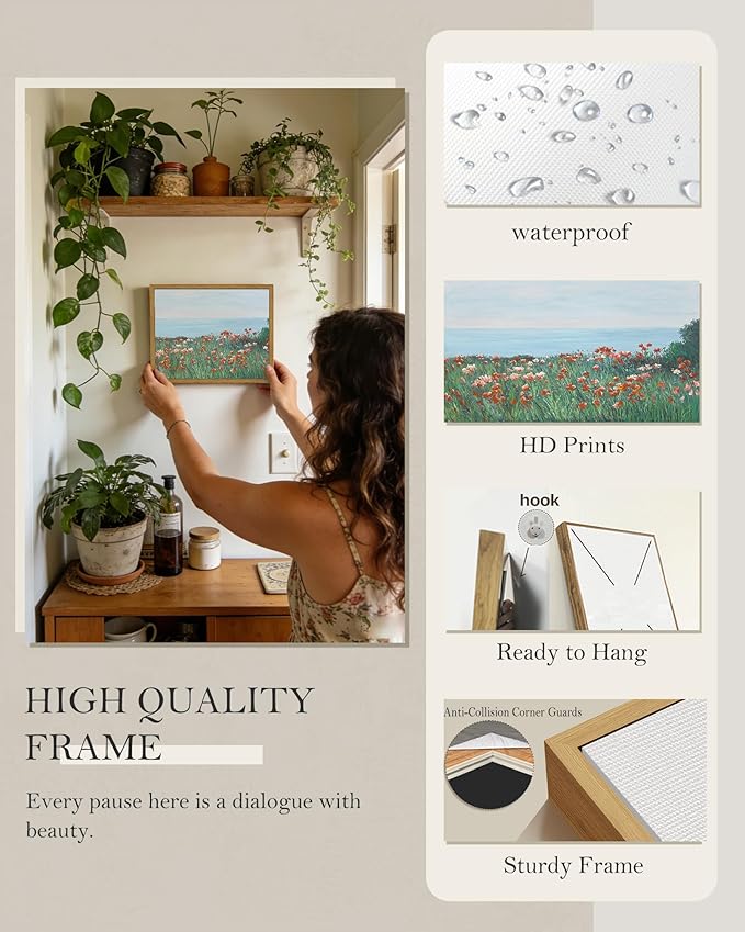 SHENIFY Vintage Framed Wall Art Coastal Wildflower Field Poppy Flower Landscape Scenery Home Decor Retro Decorations for Farmhouse Bedroom Ready to Hang Wall Artwork - 8x10in Natural Framed