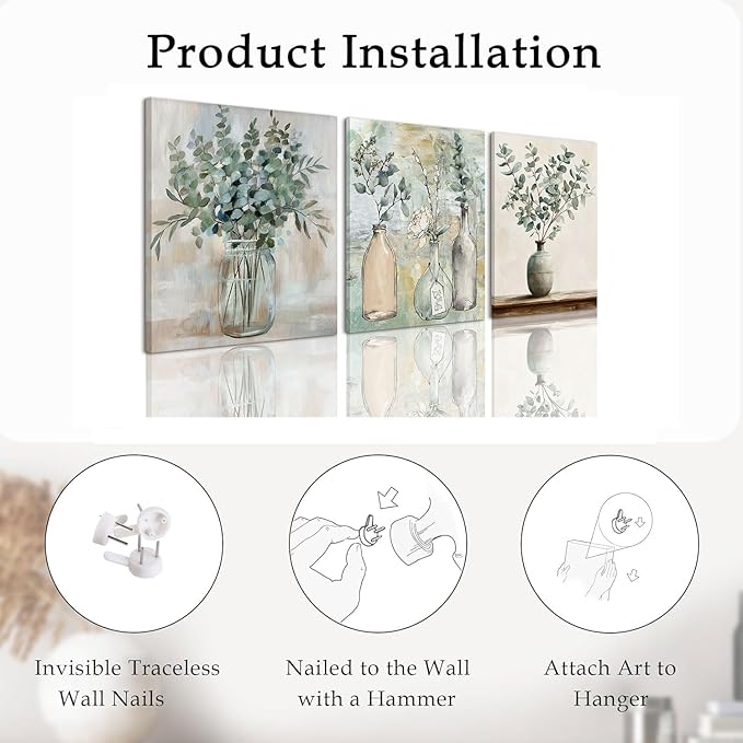 AOYUSMO 3 Piece Sage Green Eucalyptus Vase Canvas Wall Art for Kitchen Boho Botanical Framed Wall Art Floral Farmhouse Neutral Prints Artwork For Dining Room Living Room 12"x16"