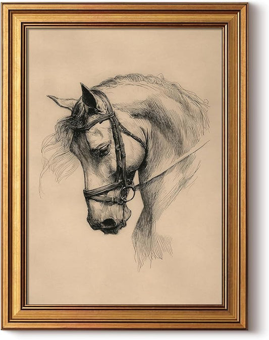 InSimSea Gold Framed Canvas Prints Wall Art, Vintage Horse Decor, Sketch Animal Paintings Farmhouse Wall Decor Aesthetic, Antique Minimalist Pictures for Bedroom Living Room Shelf, 12x16inch