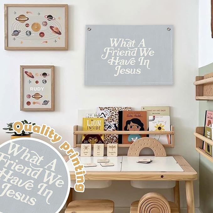 RTXLEZM Christian Home Room Decor, What a Friend We Have in Jesus Christian Canvas Banner Wall Hanging,Blue Minimalist Bible Verse Wall Art Prints for Home Bedroom Prayer Room Church Decor,20x30 Inch