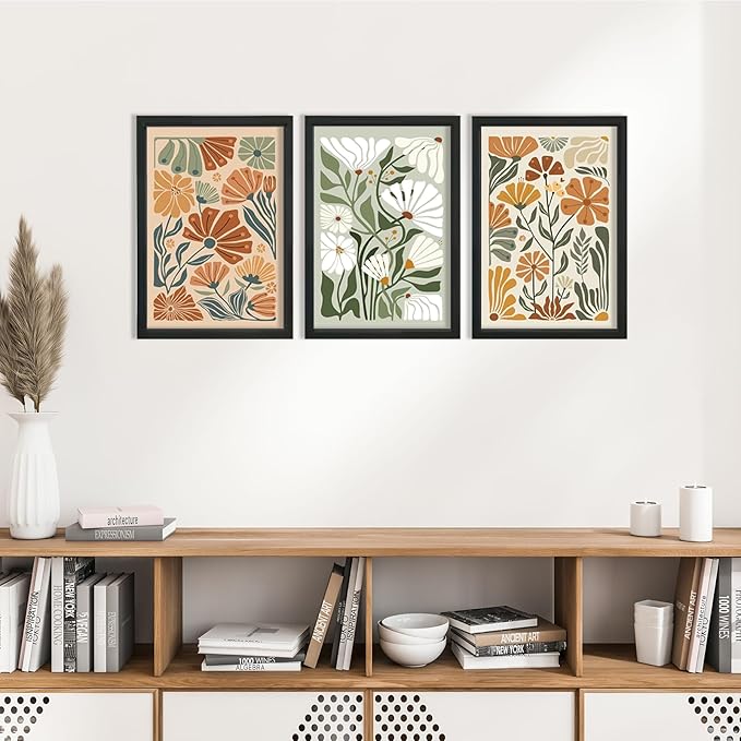 YWJKWLGS Wildflowe Floral Botanical Wall Art Print, Boho Flower Wall Decor, 3 Piece, 16x24 Inch, Modern Abstract Wood Framed for Home Living Room Master Bedroom Bathroom Office (Black)
