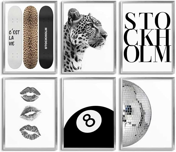Fashion Trendy Leopard Wall Art Set of 6 Stockholm Preppy Room Painting Picture Wall Decor Black White Aesthetic Cheetah Poster Print Artwork for Girls Bedroom Dorm Apartment Home Decoration Unframed
