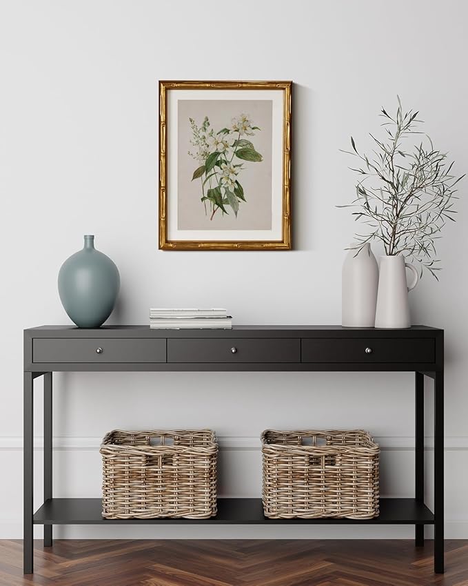 InSimSea Gold Bamboo Framed Canvas Wall Art, Neutral Floral Botanical Paintings, Antique Vintage Picture Frame with Mat, Victorian Home Wall Decor for Living Room Bedroom, 11x14inch