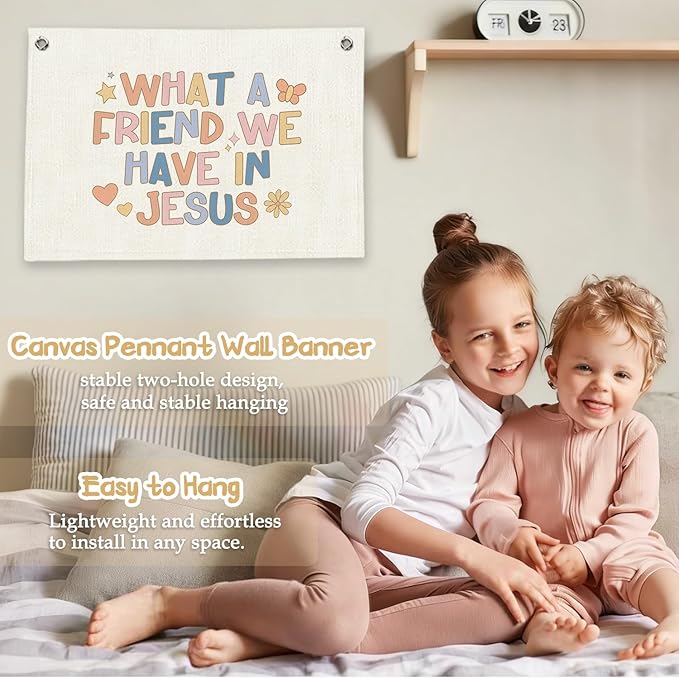 RTXLEZM Kids Room Decor, What a Friend We Have Jesus Pastel Bible Verses Canvas Banner Wall Hanging,Religious Wall Banner Decor for Kids Boys Girls Bedroom Room Playroom, 20x30 Inch