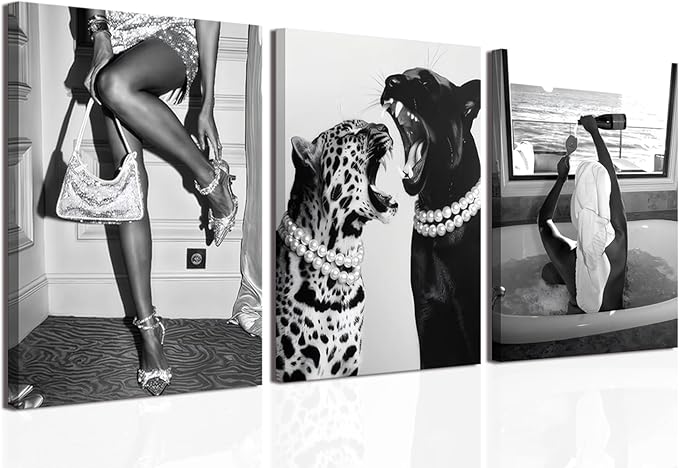 Bathroom Fashion Leopard Print Black and White Canvas Wall Art Trendy Women Posters Paintings Luxury Feminist Pictures Wall Decor for Bedroom Living Room Hallway Home Decoration 16x24 In Framed