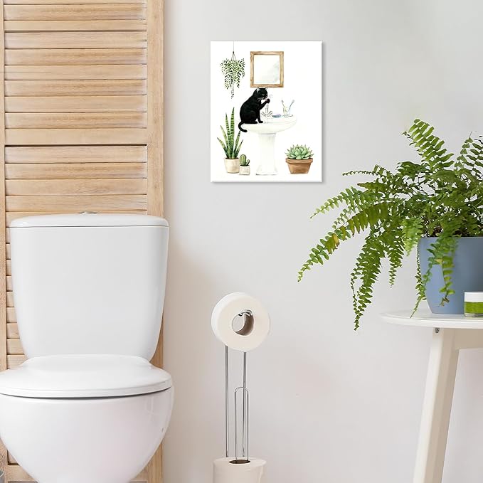 CHDITB Black Cat Bathroom Canvas Wall Art Set of 3, Funny Cat Watercolor Painting, Botanical Cats Wall Decor, Boho Plants Poster, Cute Kitten Art Prints For Restroom Laundry Room Decor(12X16 Inch)