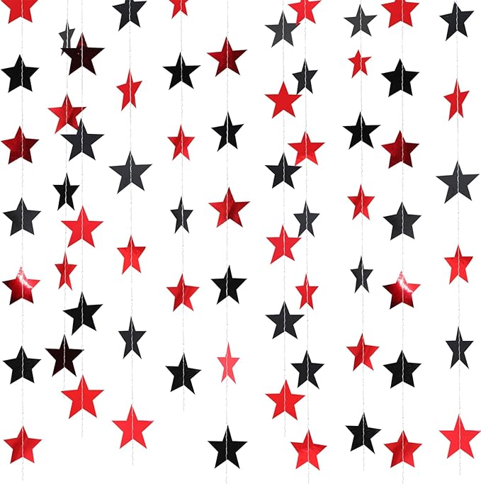 Patelai Glitter Star Garland Banner 2026 Graduation Decor 130 Feet Star Hanging Banner Twinkle Backdrop for Party Birthday Classroom Wedding Supplies(Red,Black)