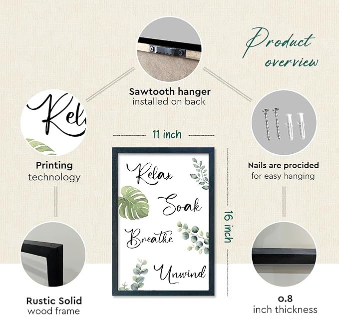 YWJKWLGS Bathroom Decor Relax Soak Breathe Unwind Framed Sign with Green Leaves, 11x16 Inch，Spa Wall Art for Modern Rustic or Farmhouse Style (Black)