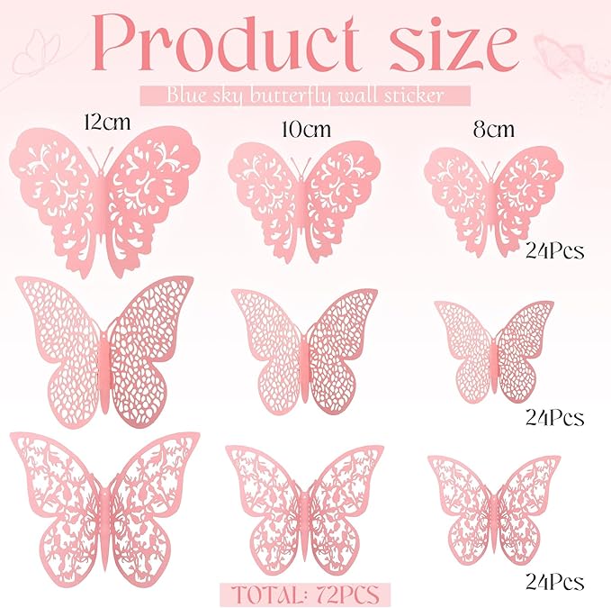 Bememo 72 Pieces 3D Butterfly Wall Decals Sticker Decal Wall Decor Art Decorative Sticker 3 Sizes for Room Offices Bedroom Bathroom Living Room Decor(Light Pink)