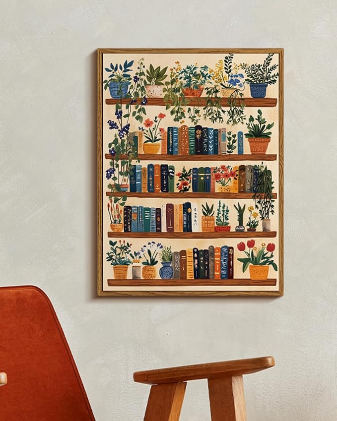 Vintage Botanical Book Shelf Framed Canvas Wall Art, 12x16 Colorful Plants Books Painting, Retro Library Reading Gift, Modern Home Décor for Living Room Study Office