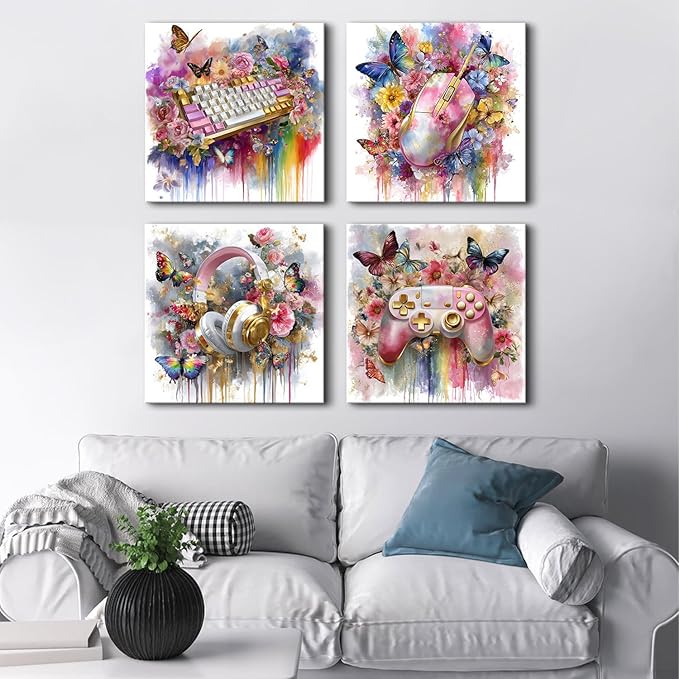 Large 4 Panel Gaming Wall Art Girls Room Decor Pink Floral Butterfly Canvas Print Gamer Bedroom Wall Decor 20x20”, Colorful Controller Headphones Keyboard Mouse Posters Gaming Home Decorations