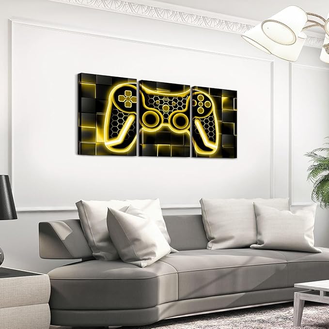 Feelyou Gamer Canvas Wall Art for Living Room 12"x16" 3 Piece Yellow and Black Picture Wall Decor Gaming Ombre Office Wall Decorations Artwork Posters Geometric Square Wall Painting