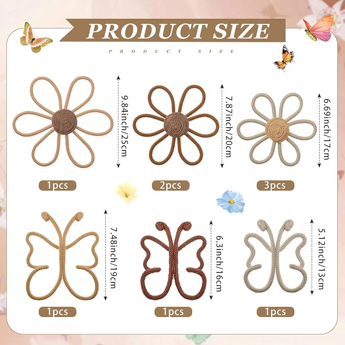 Wesiti 9 Pcs Boho Nursery Decor 3 Size Daisy Flower and Butterflies Woven Macrame Wall Hanging for Home Nursery Bedroom Dorm Wall Art(Retro Color)