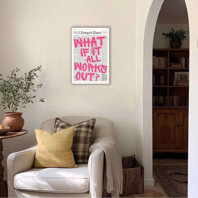 Drimiler Retro Newspaper Pink Font Poster What If It All Works Out Canvas Wall Art Positive Affirming Quote Minimalist Prints Painting For Home Bedroom Dorm Wall Decor 8x12in Wframed