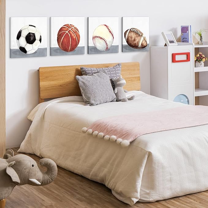 Boys Room Wall Decor Sports Decor for Boys Bedroom Rustic Soccer Football Baseball Basketball Canvas Pictures Kids Wall Art Vintage Ball Painting Nursery Playroom Artwork Home Decorations 12x12" 4 Pcs
