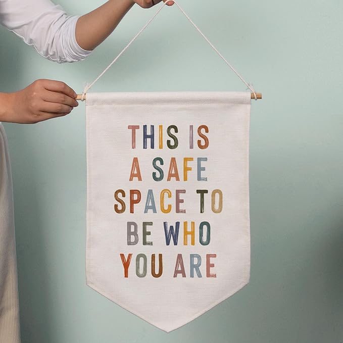 This Is A Safe Space Wall Hanging Banner, Therapy Office Wall Decor, School Counselor, Psychologist Wall Hanging, Classroom Pennant Flag, School Counselor Sign, Calming Corner, Growth Mindset