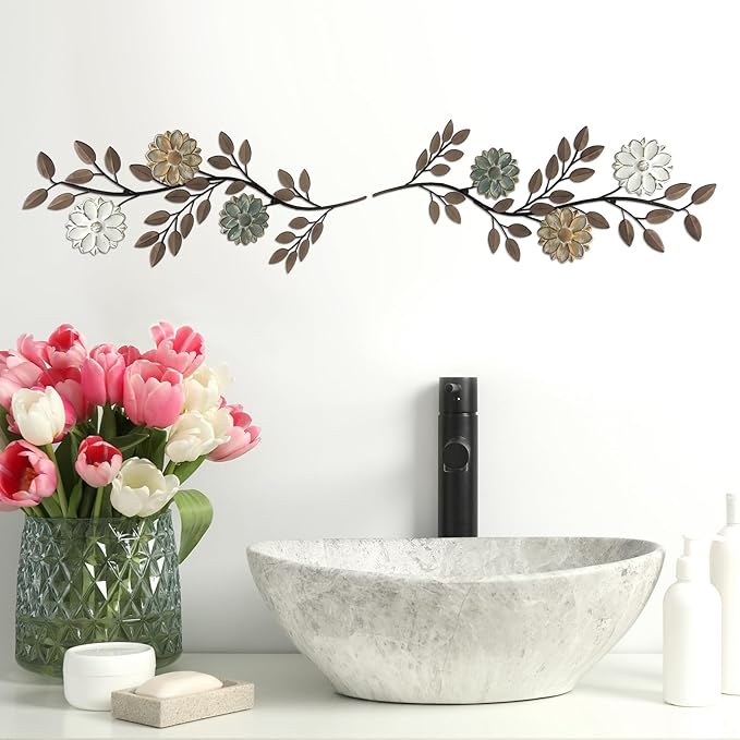 MorningRo 2 Pcs Metal Flower Leaves Wall Art, 15.75 Inch Spring Wall Decor, Vintage Leaf Wall Hanging, Rustic Wall Decor for Holiday Indoor Outdoor (Brown)