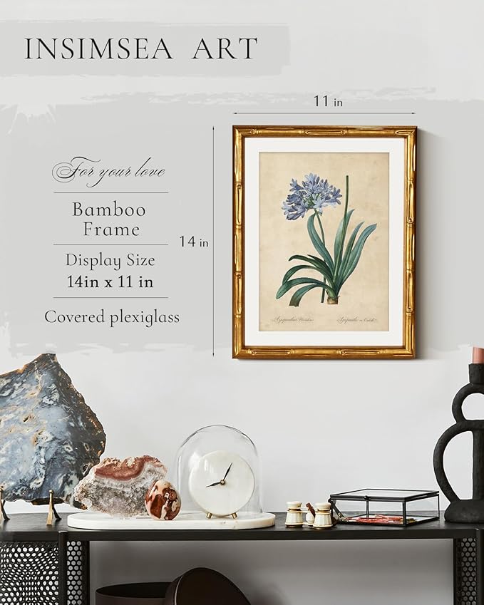 InSimSea Gold Bamboo Framed Canvas Wall Art, Retro African Lily Botanical Prints, Antique Floral Picture Frame with Mat, Victorian Home Wall Decor for Kitchen Dining Living Room Bedroom, 11x14inch