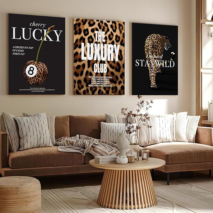 Fashion Leopard Wall Art Set of 3, Trendy Animal Print Canvas Wild Cheetah Inspirational Lucky 8 Ball Painting Wall Decor Artwork for Girls Bedroom Living Room Office Bar Home Decor 24x16 in Framed