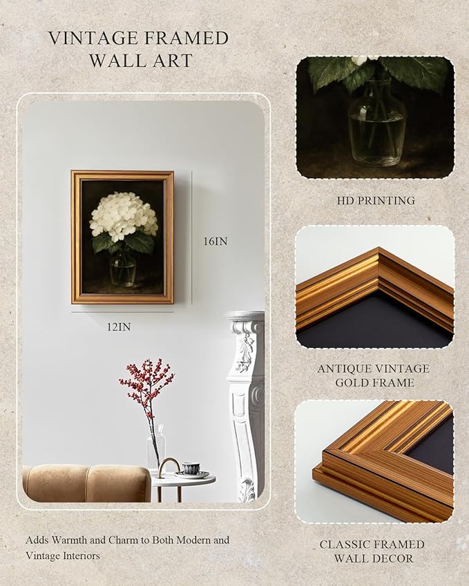 InSimSea Gold Framed Canvas Prints Wall Art, Vintage Flower Bathroom Decor, Classical Hydrangea Paintings Farmhouse Wall Decor Aesthetic, Antique Pictures for Kitchen Living Room Shelf, 12x16inch